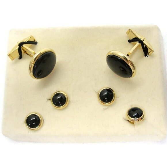 Gold Tone Black Cufflinks Shirt Buttons Set Formal Wedding Tux Vintage - Picture 3 of 11